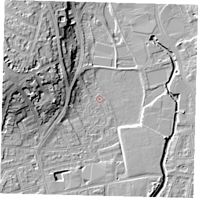 Shaded relief map of the ground around SW184AZ, computed from Environment Agency LiDAR. The ground here sits at about 6 m above sea level and falls 21 m across the surrounding 800 m. Surface water reaching this point runs off ground lying to the west-north-west, 21.2 m higher.