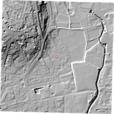 Shaded relief map of the ground around SW184BA, computed from Environment Agency LiDAR. The ground here sits at about 7 m above sea level and falls 21 m across the surrounding 800 m. Surface water reaching this point runs off ground lying to the west-north-west, 4.1 m higher.