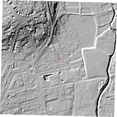 Shaded relief map of the ground around SW184BB, computed from Environment Agency LiDAR. The ground here sits at about 7 m above sea level and falls 21 m across the surrounding 800 m. Surface water reaching this point runs off ground lying to the north-west, 18.0 m higher.