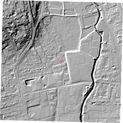 Shaded relief map of the ground around SW184BD, computed from Environment Agency LiDAR. The ground here sits at about 6 m above sea level and falls 19 m across the surrounding 800 m. Surface water reaching this point runs off ground lying to the west-south-west, 5.5 m higher.