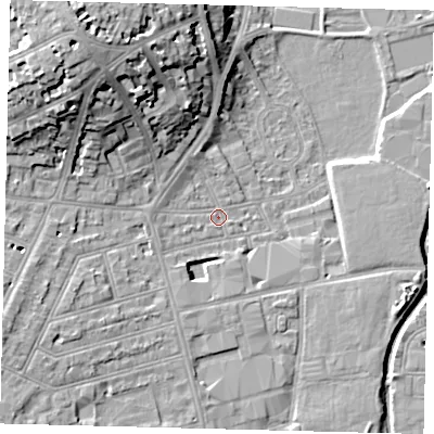 Shaded relief map of the ground around SW184BE, computed from Environment Agency LiDAR. The ground here sits at about 8 m above sea level and falls 20 m across the surrounding 800 m. Surface water reaching this point runs off ground lying to the north-west, 17.2 m higher.