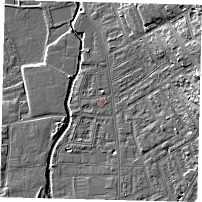 Shaded relief map of the ground around SW184BF, computed from Environment Agency LiDAR. The ground here sits at about 8 m above sea level and falls 17 m across the surrounding 800 m. Surface water reaching this point runs off ground lying to the east-north-east, 14.4 m higher.