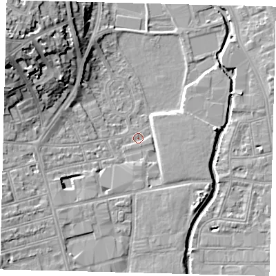 Shaded relief map of the ground around SW184BG, computed from Environment Agency LiDAR. The ground here sits at about 6 m above sea level and falls 19 m across the surrounding 800 m. Surface water reaching this point runs off ground lying to the north-west, 17.2 m higher.
