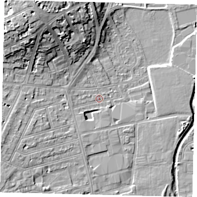 Shaded relief map of the ground around SW184BH, computed from Environment Agency LiDAR. The ground here sits at about 8 m above sea level and falls 20 m across the surrounding 800 m. Surface water reaching this point runs off ground lying to the north-west, 17.3 m higher.
