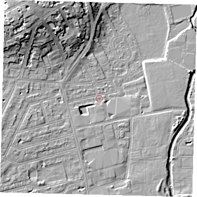 Shaded relief map of the ground around SW184BJ, computed from Environment Agency LiDAR. The ground here sits at about 8 m above sea level and falls 20 m across the surrounding 800 m. Surface water reaching this point runs off ground lying to the north-west, 18.8 m higher.