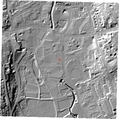 Shaded relief map of the ground around SW184BN, computed from Environment Agency LiDAR. The ground here sits at about 6 m above sea level and falls 18 m across the surrounding 800 m. Surface water reaching this point runs off ground lying to the south, 0.7 m higher.