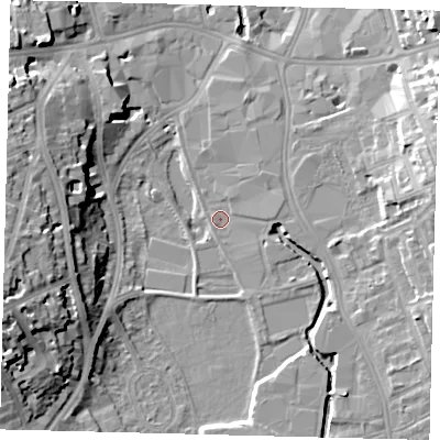 Shaded relief map of the ground around SW184BP, computed from Environment Agency LiDAR. The ground here sits at about 6 m above sea level and falls 19 m across the surrounding 800 m. Surface water reaching this point runs off ground lying to the south-west, 11.8 m higher.
