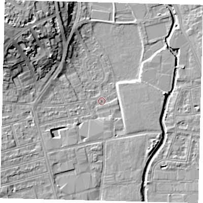Shaded relief map of the ground around SW184BQ, computed from Environment Agency LiDAR. The ground here sits at about 7 m above sea level and falls 20 m across the surrounding 800 m. Surface water reaching this point runs off ground lying to the north-west, 17.7 m higher.
