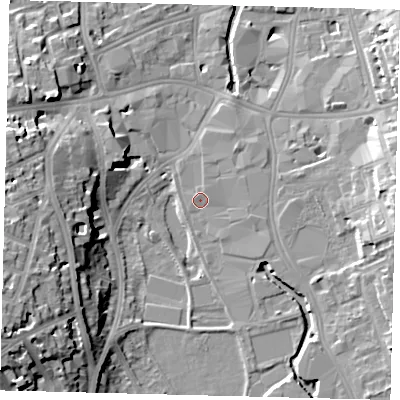 Shaded relief map of the ground around SW184BS, computed from Environment Agency LiDAR. The ground here sits at about 6 m above sea level and falls 21 m across the surrounding 800 m. Surface water reaching this point runs off ground lying to the south-east, 1.3 m higher.