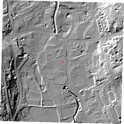 Shaded relief map of the ground around SW184BT, computed from Environment Agency LiDAR. The ground here sits at about 6 m above sea level and falls 18 m across the surrounding 800 m. The ground contributing surface water to this point lies to the north.