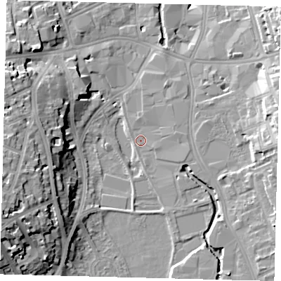 Shaded relief map of the ground around SW184BW, computed from Environment Agency LiDAR. The ground here sits at about 6 m above sea level and falls 21 m across the surrounding 800 m. Surface water reaching this point runs off ground lying to the east-south-east, 1.3 m higher.