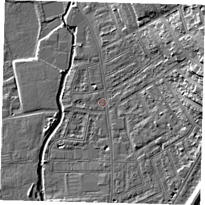 Shaded relief map of the ground around SW184DA, computed from Environment Agency LiDAR. The ground here sits at about 8 m above sea level and falls 18 m across the surrounding 800 m. Surface water reaching this point runs off ground lying to the north-east, 15.3 m higher.