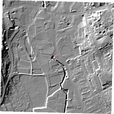 Shaded relief map of the ground around SW184DB, computed from Environment Agency LiDAR. The ground here sits at about 7 m above sea level and falls 18 m across the surrounding 800 m. Surface water reaching this point runs off ground lying to the east-north-east, 13.5 m higher.