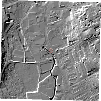 Shaded relief map of the ground around SW184DD, computed from Environment Agency LiDAR. The ground here sits at about 7 m above sea level and falls 18 m across the surrounding 800 m. Surface water reaching this point runs off ground lying to the east-north-east, 13.7 m higher.