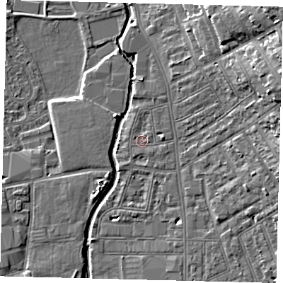 Shaded relief map of the ground around SW184DF, computed from Environment Agency LiDAR. The ground here sits at about 7 m above sea level and falls 15 m across the surrounding 800 m. Surface water reaching this point runs off ground lying to the east-north-east, 12.9 m higher.