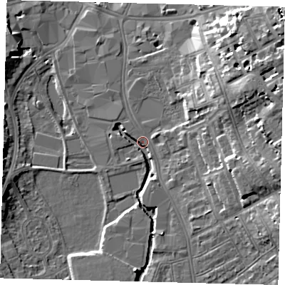 Shaded relief map of the ground around SW184DH, computed from Environment Agency LiDAR. The ground here sits at about 6 m above sea level and falls 18 m across the surrounding 800 m. Surface water reaching this point runs off ground lying to the east-north-east, 13.7 m higher.