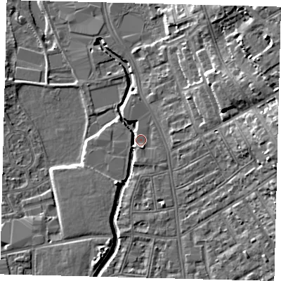Shaded relief map of the ground around SW184DJ, computed from Environment Agency LiDAR. The ground here sits at about 7 m above sea level and falls 18 m across the surrounding 800 m. Surface water reaching this point runs off ground lying to the south-south-east, 2.0 m higher.