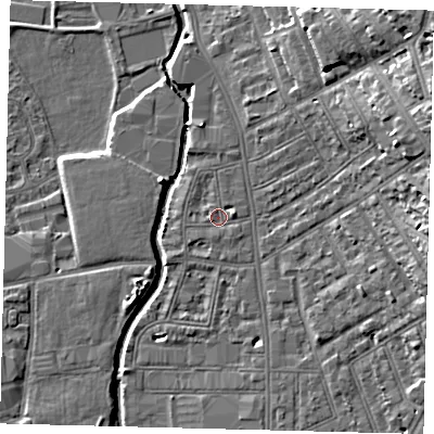 Shaded relief map of the ground around SW184DL, computed from Environment Agency LiDAR. The ground here sits at about 8 m above sea level and falls 16 m across the surrounding 800 m. Surface water reaching this point runs off ground lying to the east-north-east, 13.9 m higher.