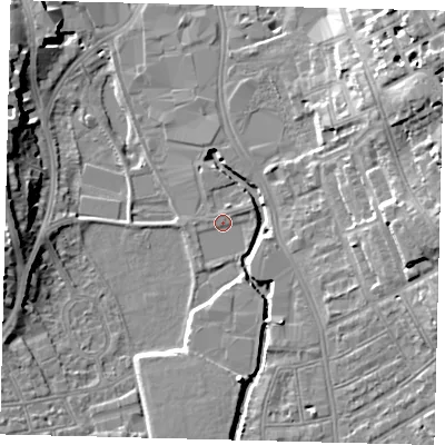 Shaded relief map of the ground around SW184DN, computed from Environment Agency LiDAR. The ground here sits at about 6 m above sea level and falls 17 m across the surrounding 800 m. Surface water reaching this point runs off ground lying to the east-north-east, 1.1 m higher.