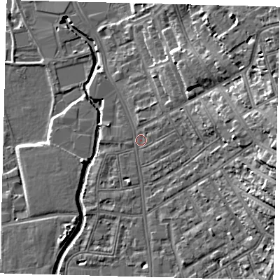 Shaded relief map of the ground around SW184DP, computed from Environment Agency LiDAR. The ground here sits at about 8 m above sea level and falls 19 m across the surrounding 800 m. Surface water reaching this point runs off ground lying to the east-north-east, 15.2 m higher.