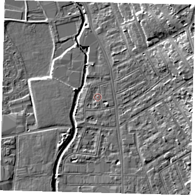Shaded relief map of the ground around SW184DQ, computed from Environment Agency LiDAR. The ground here sits at about 7 m above sea level and falls 16 m across the surrounding 800 m. Surface water reaching this point runs off ground lying to the north-north-east, 0.9 m higher.