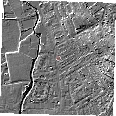 Shaded relief map of the ground around SW184DR, computed from Environment Agency LiDAR. The ground here sits at about 8 m above sea level and falls 20 m across the surrounding 800 m. Surface water reaching this point runs off ground lying to the east-north-east, 15.9 m higher.