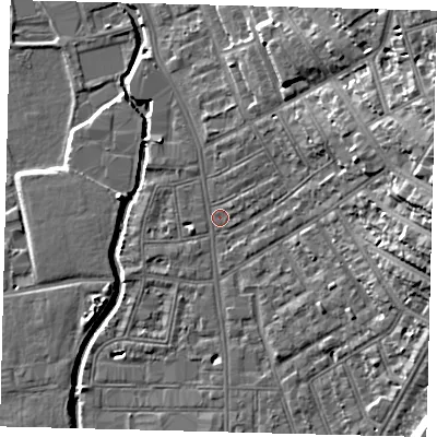 Shaded relief map of the ground around SW184DS, computed from Environment Agency LiDAR. The ground here sits at about 8 m above sea level and falls 19 m across the surrounding 800 m. Surface water reaching this point runs off ground lying to the east-north-east, 15.9 m higher.