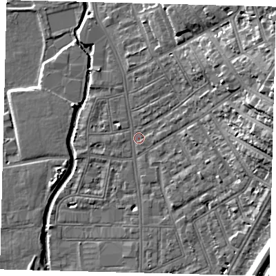 Shaded relief map of the ground around SW184DT, computed from Environment Agency LiDAR. The ground here sits at about 8 m above sea level and falls 20 m across the surrounding 800 m. Surface water reaching this point runs off ground lying to the east-north-east, 16.5 m higher.