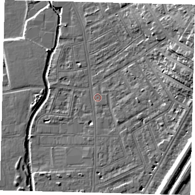Shaded relief map of the ground around SW184DU, computed from Environment Agency LiDAR. The ground here sits at about 8 m above sea level and falls 20 m across the surrounding 800 m. Surface water reaching this point runs off ground lying to the east, 8.6 m higher.