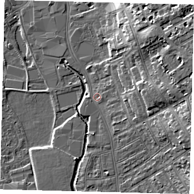 Shaded relief map of the ground around SW184DW, computed from Environment Agency LiDAR. The ground here sits at about 7 m above sea level and falls 19 m across the surrounding 800 m. Surface water reaching this point runs off ground lying to the east, 5.7 m higher.