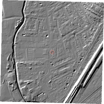 Shaded relief map of the ground around SW184DX, computed from Environment Agency LiDAR. The ground here sits at about 8 m above sea level and falls 19 m across the surrounding 800 m. Surface water reaching this point runs off ground lying to the east-north-east, 11.1 m higher.