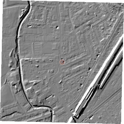 Shaded relief map of the ground around SW184DY, computed from Environment Agency LiDAR. The ground here sits at about 9 m above sea level and falls 14 m across the surrounding 800 m. Surface water reaching this point runs off ground lying to the north-east, 10.8 m higher.