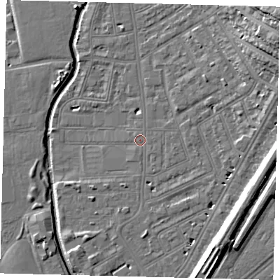 Shaded relief map of the ground around SW184EA, computed from Environment Agency LiDAR. The ground here sits at about 8 m above sea level and falls 18 m across the surrounding 800 m. Surface water reaching this point runs off ground lying to the east-north-east, 8.4 m higher.