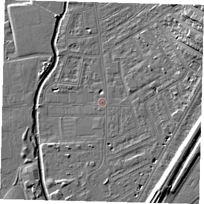 Shaded relief map of the ground around SW184EB, computed from Environment Agency LiDAR. The ground here sits at about 8 m above sea level and falls 18 m across the surrounding 800 m. Surface water reaching this point runs off ground lying to the east-north-east, 8.2 m higher.