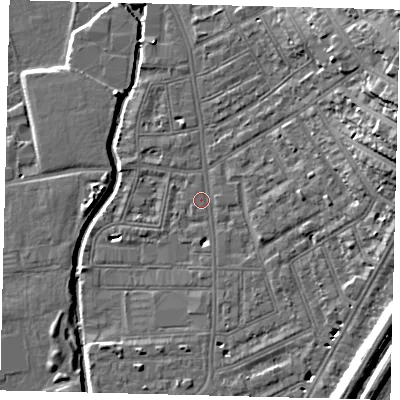 Shaded relief map of the ground around SW184ED, computed from Environment Agency LiDAR. The ground here sits at about 8 m above sea level and falls 18 m across the surrounding 800 m. Surface water reaching this point runs off ground lying to the east, 7.6 m higher.