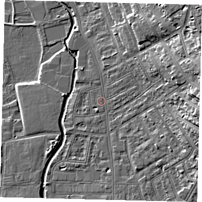 Shaded relief map of the ground around SW184EE, computed from Environment Agency LiDAR. The ground here sits at about 8 m above sea level and falls 18 m across the surrounding 800 m. Surface water reaching this point runs off ground lying to the east-north-east, 14.8 m higher.