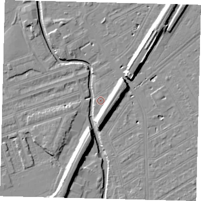 Shaded relief map of the ground around SW184EF, computed from Environment Agency LiDAR. The ground here sits at about 8 m above sea level and falls 11 m across the surrounding 800 m. Surface water reaching this point runs off ground lying to the south-south-east, 8.6 m higher.