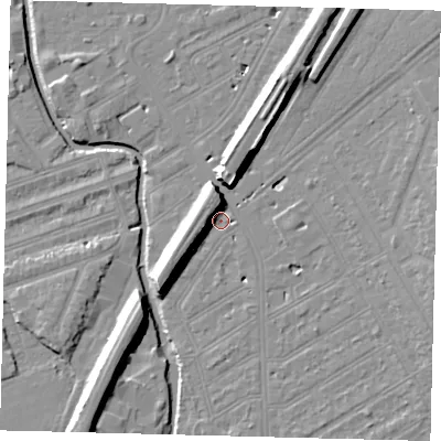 Shaded relief map of the ground around SW184EG, computed from Environment Agency LiDAR. The ground here sits at about 9 m above sea level and falls 11 m across the surrounding 800 m. Surface water reaching this point runs off ground lying to the south-west, 9.3 m higher.