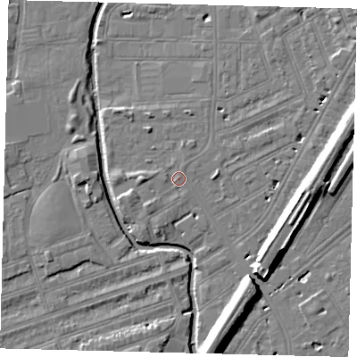 Shaded relief map of the ground around SW184EH, computed from Environment Agency LiDAR. The ground here sits at about 9 m above sea level and falls 12 m across the surrounding 800 m. Surface water reaching this point runs off ground lying to the south-west, 2.7 m higher.