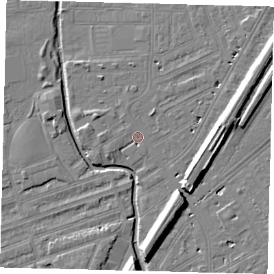 Shaded relief map of the ground around SW184EJ, computed from Environment Agency LiDAR. The ground here sits at about 9 m above sea level and falls 11 m across the surrounding 800 m. Surface water reaching this point runs off ground lying to the east, 10.4 m higher.