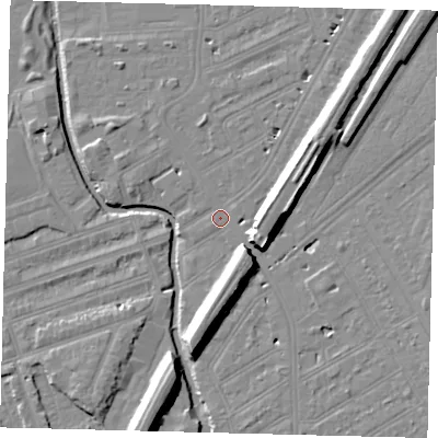 Shaded relief map of the ground around SW184EL, computed from Environment Agency LiDAR. The ground here sits at about 9 m above sea level and falls 12 m across the surrounding 800 m. Surface water reaching this point runs off ground lying to the north-east, 10.7 m higher.