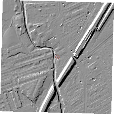 Shaded relief map of the ground around SW184EN, computed from Environment Agency LiDAR. The ground here sits at about 9 m above sea level and falls 11 m across the surrounding 800 m. Surface water reaching this point runs off ground lying to the south-south-east, 9.9 m higher.