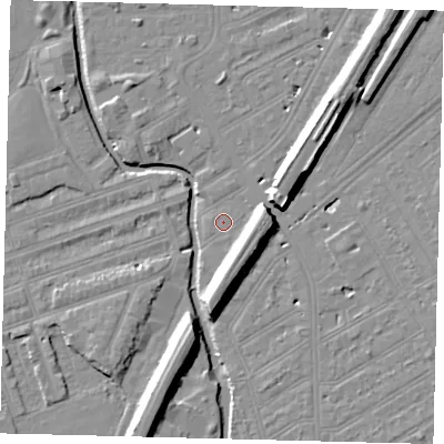 Shaded relief map of the ground around SW184EP, computed from Environment Agency LiDAR. The ground here sits at about 9 m above sea level and falls 11 m across the surrounding 800 m. Surface water reaching this point runs off ground lying to the east-north-east, 0.7 m higher.