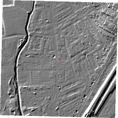 Shaded relief map of the ground around SW184EQ, computed from Environment Agency LiDAR. The ground here sits at about 8 m above sea level and falls 19 m across the surrounding 800 m. Surface water reaching this point runs off ground lying to the east-north-east, 8.6 m higher.