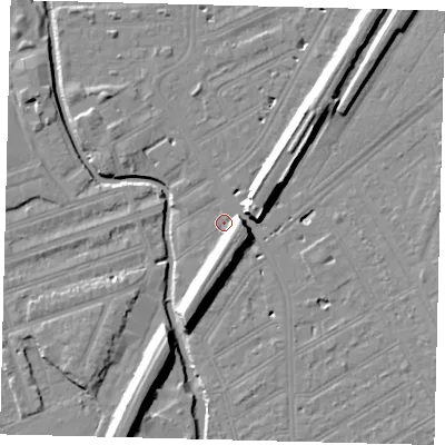 Shaded relief map of the ground around SW184ER, computed from Environment Agency LiDAR. The ground here sits at about 9 m above sea level and falls 11 m across the surrounding 800 m. Surface water reaching this point runs off ground lying to the south-south-east, 7.6 m higher.