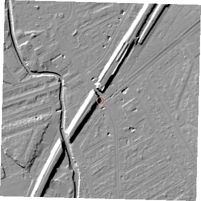 Shaded relief map of the ground around SW184ES, computed from Environment Agency LiDAR. The ground here sits at about 10 m above sea level and falls 11 m across the surrounding 800 m. Surface water reaching this point runs off ground lying to the north, 10.0 m higher.