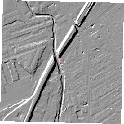 Shaded relief map of the ground around SW184ET, computed from Environment Agency LiDAR. The ground here sits at about 9 m above sea level and falls 11 m across the surrounding 800 m. Surface water reaching this point runs off ground lying to the south-south-west, 9.8 m higher.