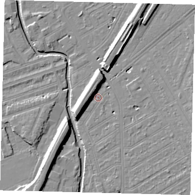 Shaded relief map of the ground around SW184EU, computed from Environment Agency LiDAR. The ground here sits at about 9 m above sea level and falls 11 m across the surrounding 800 m. Surface water reaching this point runs off ground lying to the west-south-west, 9.3 m higher.