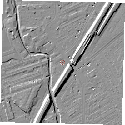 Shaded relief map of the ground around SW184EW, computed from Environment Agency LiDAR. The ground here sits at about 9 m above sea level and falls 11 m across the surrounding 800 m. Surface water reaching this point runs off ground lying to the south-south-east, 7.6 m higher.