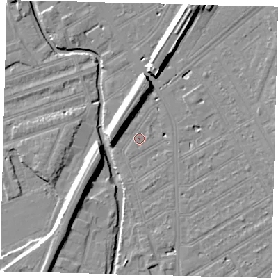 Shaded relief map of the ground around SW184EX, computed from Environment Agency LiDAR. The ground here sits at about 10 m above sea level and falls 11 m across the surrounding 800 m. Surface water reaching this point runs off ground lying to the east-north-east, 0.7 m higher.